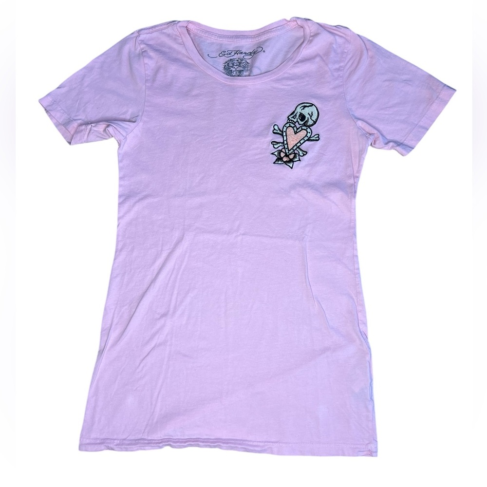 ED HARDY Pink Baby Tee Embroidered Skull Heart Crossbones Made in USA Sz M Y2K